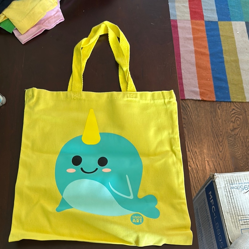 Yellow Narwhal and Penguin Kids Tote Bag